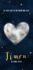 Stoer geboortekaartje met hartvormige maan, sterren & heelal
