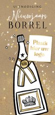 Uitnodiging nieuwjaarsborrel champagnefles goud kraft logo