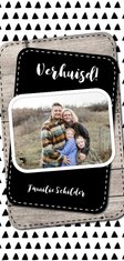 Verhuiskaart met hout en zwart-witte driehoekjes