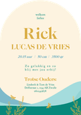 Boog vorm geboortekaartjes met landschap libelle goud jongen Achterkant
