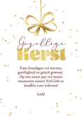 Boogvorm kerstkaart streeppatroon kerstbal strik goud foto Achterkant