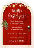Grappige kerst verhuiskaart met rode deur in boogvorm Achterkant