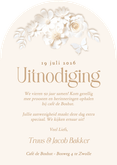 Jubileumkaart met foto en witte bloemen in boogvorm Achterkant