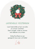 Kerstkaart boogvorm kerstkrans strik christelijk feestdagen Achterkant