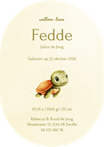 Lief groen ovaal geboortekaartje met een schildpadje Achterkant