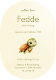 Lief groen ovaal geboortekaartje met een schildpadje Achterkant