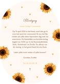 Lief ovaal communiekaartje met zonnebloemen en hartjes Achterkant