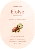 Lief roze ovaal geboortekaartje met een schildpadje Achterkant