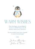 Lieve lichtblauwe kerstkaart boog met baby pinguin Achterkant