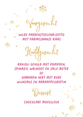Menukaart boogkaart sprankelend kerstdiner sneeuw sterren Achterkant