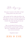 Moderne trouwuitnodiging in boogvorm met paarse ruitjes Achterkant