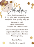 Originele uitnodigingskaart verjaardag 85 jaar confetti goud Achterkant