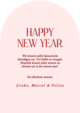 Roze foto nieuwjaarskaart met rode strik boogvorm Achterkant