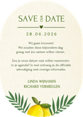 Save the Date kaart zomers in ovaal vorm met citroenen  Achterkant
