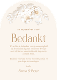 Trouwkaarten bedankt met stijlvolle witte bloemen boog Achterkant