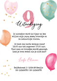 Uitnodiging 9 jaar meisje ballonnen confetti foto feest wave Achterkant