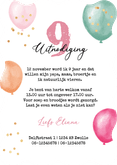 Uitnodiging 9 jaar meisje ballonnen confetti foto feest wave Achterkant