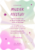 Uitnodiging kinder muziekfeestje roze glitter microfoon Achterkant