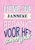 Bedankkaartje juf typografisch met naam en confetti 2