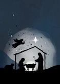 Christelijke kerstkaart kerststal silhouet engel sterren 2