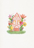 Felicitatie kaart met een huis tussen kleurrijke bloem 2