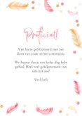 Felicitatiekaart eerste communie veertjes roze meisje 3