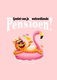 Felicitatiekaart pensioen poes relaxt in flamingo zwemband 2
