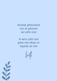 Felicitatiekaart zoon baby botanisch blauw 3