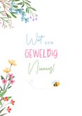 Geboorte felicitatie meisje met vrolijke bloemen en insecten 2