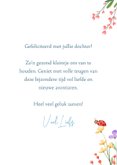 Geboorte felicitatie meisje met vrolijke bloemen en insecten 3