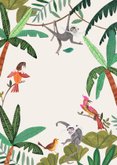 Geboortekaartje jungle dieren met aapjes en vogels Achterkant