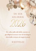 Kerstkaart beige kerstballen strikken bloemen & eucalyptus 3