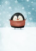 Kerstkaart kerstknuffel pinguïn met sneeuw 2