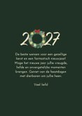 Kerstkaart met 2027 en kerstkrans goud sterretjes 3