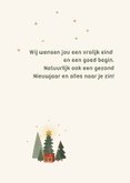 Kerstkaart met schudbol met kerstbomen ster en huisje 2