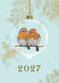 Kerstkaart roodborstjes samen in glazen kerstbal 2