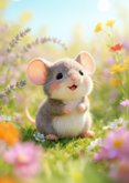 Lief verjaardagskaartje met muis en vrolijke bloemen 2