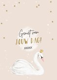 Lieve verjaardagskaart met zwaantje met kroon en goud 2