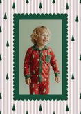 Lila gestreept kerstkaartje met foto en kerstbomen 2