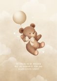 Neutraal geboortekaartje teddybeertje aan ballon met strik 2