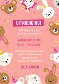 Roze uitnodiging kinderfeestje meisjes met lieve diertjes  3