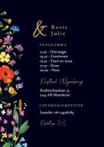 Stijlvolle trouwkaart met gekleurde bloemen en gouden tekst 2