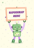 Stoere verjaardagskaart robot die fotolijst omhoog houdt 2