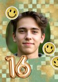Trendy verjaardagskaart blokjes smileys folieballon goud 2