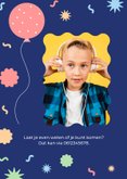 Uitnodiging feestje met foto, confetti en ballonnen blauw 2