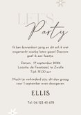 Uitnodiging let's party grijs beige bloemen en twee foto's 3