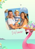 Vakantiekaart tropisch humor flamingo met hartjes zonnebril 2