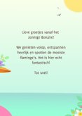 Vakantiekaart tropisch humor flamingo met hartjes zonnebril 3