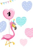 Verjaardagskaart flamingo ballonhartjes en feesthoedje op 2