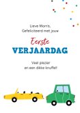 Verjaardagskaart kind 1 jaar auto voertuigen weg confetti 3